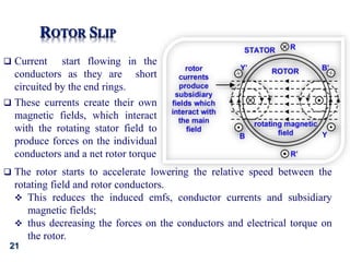 21
 Current start flowing in the
conductors as they are short
circuited by the end rings.
 These currents create their own
magnetic fields, which interact
with the rotating stator field to
produce forces on the individual
conductors and a net rotor torque
 The rotor starts to accelerate lowering the relative speed between the
rotating field and rotor conductors.
 This reduces the induced emfs, conductor currents and subsidiary
magnetic fields;
 thus decreasing the forces on the conductors and electrical torque on
the rotor.
 