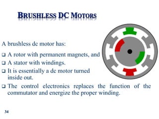 A brushless dc motor has:
 A rotor with permanent magnets, and
 A stator with windings.
 It is essentially a dc motor turned
inside out.
 The control electronics replaces the function of the
commutator and energize the proper winding.
34
 