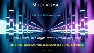 Multiverse
Human travel in a digital world (dream sequence)
Humans take role play.
Eg:Virtual Assistant,Virtual banking and Virtual Shopping.
100
Unit 8: ICT (Paper I)
 