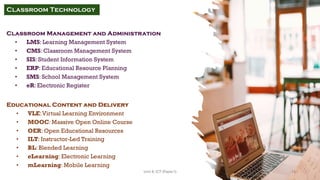 Classroom Management and Administration
• LMS: Learning Management System
• CMS: Classroom Management System
• SIS: Student Information System
• ERP: Educational Resource Planning
• SMS: School Management System
• eR: Electronic Register
Educational Content and Delivery
• VLE:Virtual Learning Environment
• MOOC: Massive Open Online Course
• OER: Open Educational Resources
• ILT: Instructor-Led Training
• BL: Blended Learning
• eLearning: Electronic Learning
• mLearning: Mobile Learning
Classroom Technology
14
Unit 8: ICT (Paper I)
 