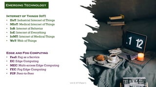 Internet of Things (IoT)
• IIoT: Industrial Internet of Things
• MIoT: Medical Internet of Things
• IoB: Internet of Behavior
• IoE: Internet of Everything
• IoMT: Internet of Medical Things
• WoT:Web of Things
Edge and Fog Computing
• FaaS: Fog as a Service
• EC: Edge Computing
• MEC: Multi-access Edge Computing
• FEC: Fog Edge Computing
• P2P: Peer-to-Peer
Emerging Technology
22
Unit 8: ICT (Paper I)
 