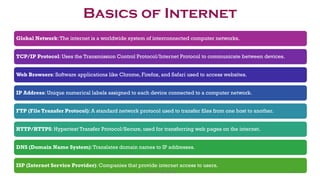 Basics of Internet
Global Network:The internet is a worldwide system of interconnected computer networks.
TCP/IP Protocol: Uses the Transmission Control Protocol/Internet Protocol to communicate between devices.
Web Browsers: Software applications like Chrome, Firefox, and Safari used to access websites.
IP Address: Unique numerical labels assigned to each device connected to a computer network.
FTP (File Transfer Protocol): A standard network protocol used to transfer files from one host to another.
HTTP/HTTPS: Hypertext Transfer Protocol/Secure, used for transferring web pages on the internet.
DNS (Domain Name System):Translates domain names to IP addresses.
ISP (Internet Service Provider): Companies that provide internet access to users.
40
Unit 8: ICT (Paper I)
 