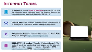 Internet Terms
IP Address: A unique string of numbers separated by periods
that identifies each computer using the Internet Protocol to
communicate over a network. Example: 192.168.1.1
Domain Name: The part of a network address that identifies it
as belonging to a particular domain. Example: google.com
URL (Uniform Resource Locator):The address of a World Wide
Web page. Example: https://www.wikipedia.org
HTTP/HTTPS (HyperText Transfer Protocol/Secure): The
protocol used for transferring web pages on the internet;
HTTPS is the secure version. Example: HTTP -
http://example.com, HTTPS - https://example.com 42
Unit 8: ICT (Paper I)
 
