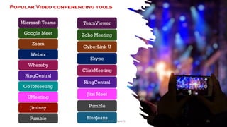 Popular Video conferencing tools
Microsoft Teams
Google Meet
Zoom
Webex
Whereby
RingCentral
GoToMeeting
UMeeting
Jiminny
Pumble
TeamViewer
Zoho Meeting
CyberLink U
Skype
ClickMeeting
RingCentral
Jitsi Meet
Pumble
BlueJeans
65
Unit 8: ICT (Paper I)
 