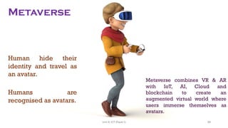 Metaverse
Human hide their
identity and travel as
an avatar.
Humans are
recognised as avatars.
Metaverse combines VR & AR
with IoT, AI, Cloud and
blockchain to create an
augmented virtual world where
users immerse themselves as
avatars.
99
Unit 8: ICT (Paper I)
 