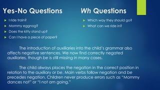 Yes-No Questions Wh Questions
 I ride train?
 Mommy eggnog?
 Does the kitty stand up?
 Can I have a piece of paper?
 Which way they should go?
 What can we ride in?
The introduction of auxiliaries into the child’s grammar also
affects negative sentences. We now find correctly negated
auxiliaries, though be is still missing in many cases.
The child always places the negation in the correct position in
relation to the auxiliary or be. Main verbs follow negation and be
precedes negation. Children never produce errors such as “Mommy
dances not” or “I not am going.”
 
