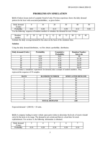OR Unit 8 (III-1Mech) 2014-15
7
PROBLEMS ON SIMULATION
Q (1) A bakery keeps stock of a popular brand of cake. Previous experience shows the daily demand
pattern for the item with associated probabilities, as given below:
Daily demand
(Units)
0 10 20 30 40 50
Probability 0.01 0.20 0.15 0.50 0.12 0.02
Use the following sequence of random numbers to simulate the demand for next 10 days.
Random
number
25 39 65 76 12 05 73 89 19 49
Estimate the daily average demand for the cakes on the basis of the simulated data.
Solution
Using the daily demand distribution, we first obtain a probability distribution.
Daily demand (Units) Probability Cumulative
Probability
Random Number
Intervals
0 0.01 0.01 00
10 0.20 0.21 01-20
20 0.15 0.36 21-35
30 0.50 0.86 36-85
40 0.12 0.98 86-97
50 0.12 1.00 98-99
Next to conduct a simulation experiment for demand, take a sample of random numbers. They
represent the sequence of 10 samples.
DAYS RANDOM NUMBER SIMULATED DEMAND
1 25 20
2 39 30
3 65 30
4 76 30
5 12 10
6 05 10
7 73 30
8 89 40
9 19 10
10 49 30
TOTAL DEMAND 240
Expected demand = (240/10) = 24 units.
Q (2) A company trading in motor vehicle spare parts wishes to determine the levels of stock it should
carry for the items in its range. The demand is not certain and there is a lead time for stock
replenishment. For an item A, the following information is obtained.
Daily demand
(Units)
3 4 5 6 7
Probability 0.10 0.20 0.30 0.30 0.10
 