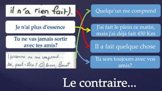 Il a fait quelque chose
J’ai fait le plein ce matin,
mais j’ai déjà fait 450 Km
Quelqu’un me comprend
Tu sors toujours avec vos
amis?
 