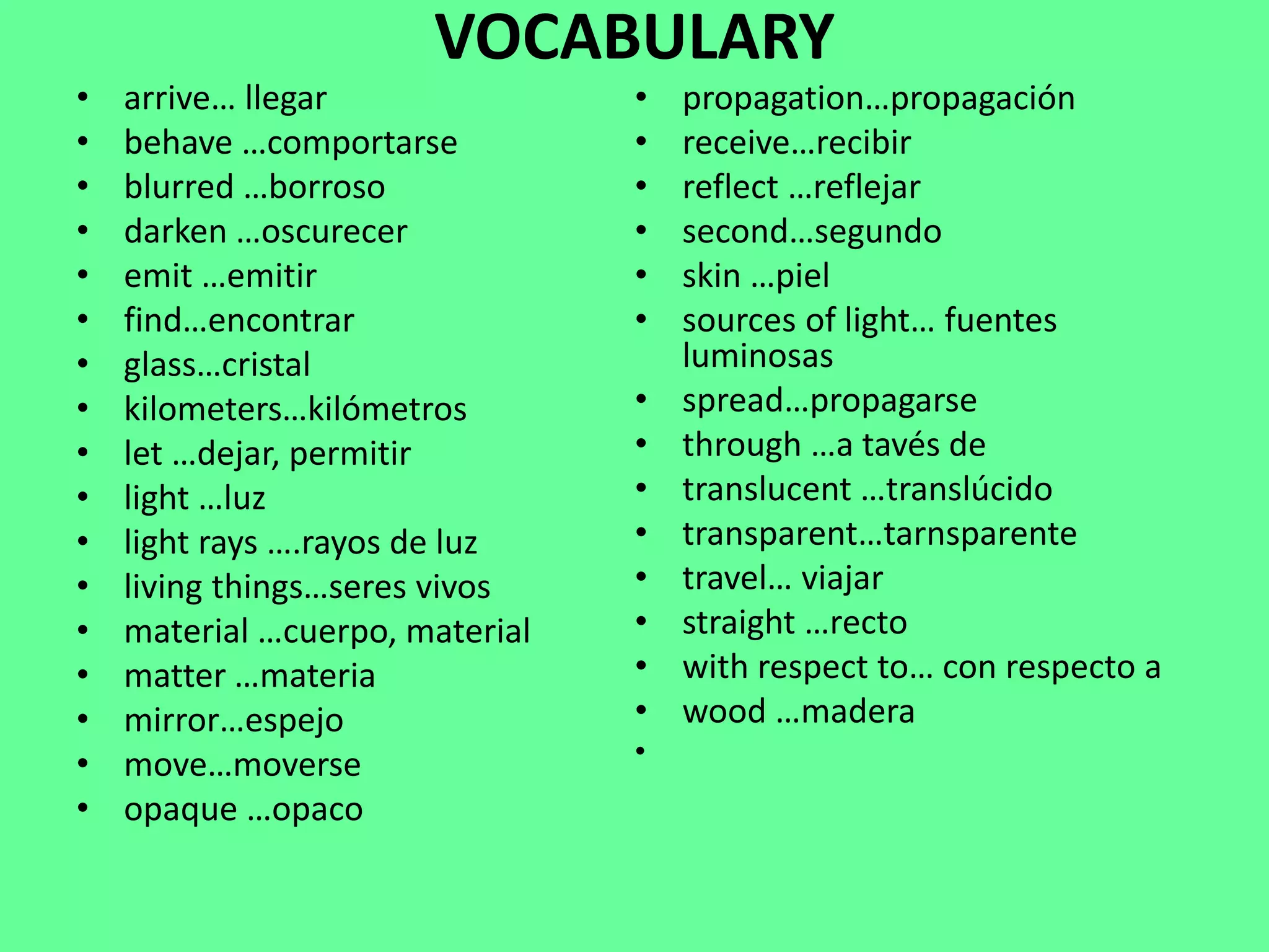 VOCABULARY
• arrive… llegar
• behave …comportarse
• blurred …borroso
• darken …oscurecer
• emit …emitir
• find…encontrar
• glass…cristal
• kilometers…kilómetros
• let …dejar, permitir
• light …luz
• light rays ….rayos de luz
• living things…seres vivos
• material …cuerpo, material
• matter …materia
• mirror…espejo
• move…moverse
• opaque …opaco
• propagation…propagación
• receive…recibir
• reflect …reflejar
• second…segundo
• skin …piel
• sources of light… fuentes
luminosas
• spread…propagarse
• through …a tavés de
• translucent …translúcido
• transparent…tarnsparente
• travel… viajar
• straight …recto
• with respect to… con respecto a
• wood …madera
•
 