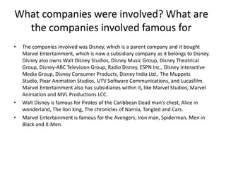 What companies were involved? What are
the companies involved famous for
•

•
•

The companies involved was Disney, which is a parent company and it bought
Marvel Entertainment, which is now a subsidiary company as it belongs to Disney.
Disney also owns Walt Disney Studios, Disney Music Group, Disney Theatrical
Group, Disney-ABC Television Group, Radio Disney, ESPN Inc., Disney Interactive
Media Group, Disney Consumer Products, Disney India Ltd., The Muppets
Studio, Pixar Animation Studios, UTV Software Communications, and Lucasfilm.
Marvel Entertainment also has subsidiaries within it, like Marvel Studios, Marvel
Animation and MVL Productions LCC.
Walt Disney is famous for Pirates of the Caribbean Dead man’s chest, Alice in
wonderland, The lion king, The chronicles of Narnia, Tangled and Cars.
Marvel Entertainment is famous for the Avengers, Iron man, Spiderman, Men in
Black and X-Men.

 