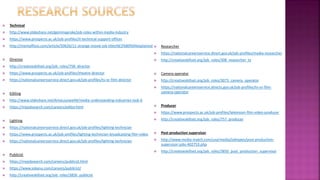  Technical
 http://www.slideshare.net/gemmapryke/job-roles-within-media-industry
 https://www.prospects.ac.uk/job-profiles/it-technical-support-officer
 http://mentalfloss.com/article/50626/11-strange-movie-job titles%E2%80%94explained
 Director
 http://creativeskillset.org/job_roles/758_director
 https://www.prospects.ac.uk/job-profiles/theatre-director
 https://nationalcareersservice.direct.gov.uk/job-profiles/tv-or-film-director
 Editing
 http://www.slideshare.net/AmyLouisee94/media-understanding-industries-task-6
 https://myjobsearch.com/careers/editor.html
 Lighting
 https://nationalcareersservice.direct.gov.uk/job-profiles/lighting-technician
 https://www.prospects.ac.uk/job-profiles/lighting-technician-broadcasting-film-video
 https://nationalcareersservice.direct.gov.uk/job-profiles/lighting-technician
 Publicist
 https://myjobsearch.com/careers/publicist.html
 https://www.sokanu.com/careers/publicist/
 http://creativeskillset.org/job_roles/3826_publicist
 Researcher
 https://nationalcareersservice.direct.gov.uk/job-profiles/media-researcher
 http://creativeskillset.org/job_roles/308_researcher_tv
 Camera operator
 http://creativeskillset.org/job_roles/3073_camera_operator
 https;//nationalcareersservice.directs.gov.uk/job-profiles/tv-or-film-
camera-operator
 Producer
 https://www.prospects.ac.uk/job-profiles/television-film-video-producer
 http://creativeskillset.org/job_roles/757_producer
 Post-production supervisor
 http://www.media-match.com/usa/media/jobtypes/post-production-
supervisor-jobs-402753.php
 http://creativeskillset.org/job_roles/3850_post_production_supervisor
 