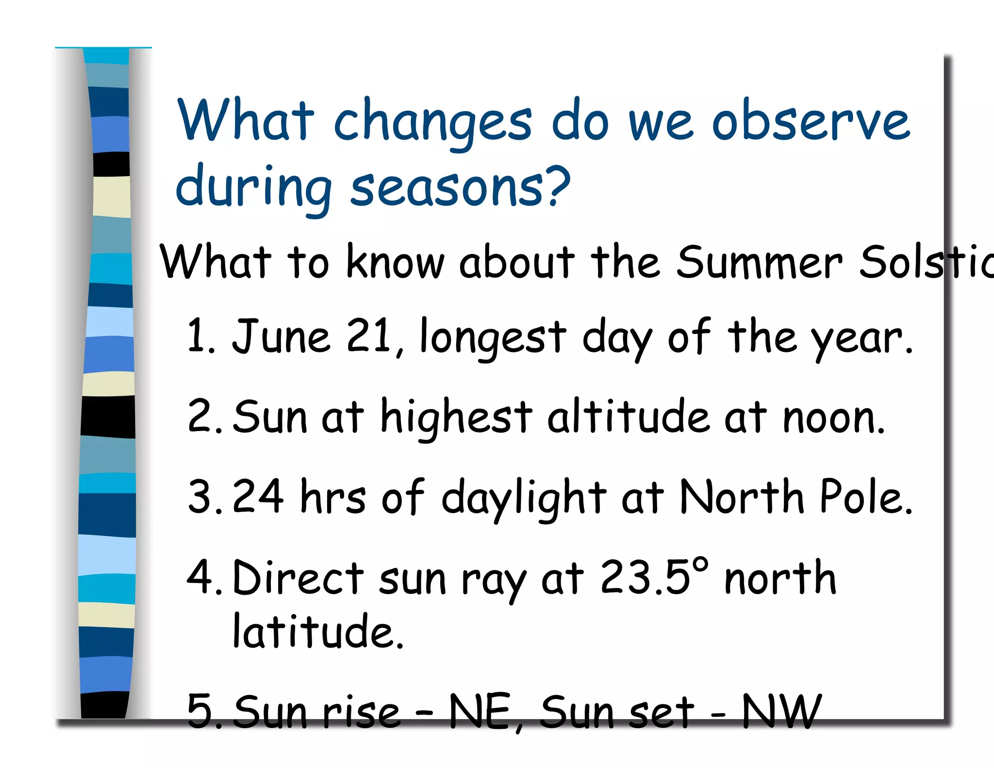 What changes do we observe
during seasons?
What to know about the Summer Solstic
1.  June 21, longest day of the year.
2. Sun at highest altitude at noon.
3. 24 hrs of daylight at North Pole.
4. Direct sun ray at 23.5° north
latitude.
5. Sun rise – NE, Sun set - NW
 