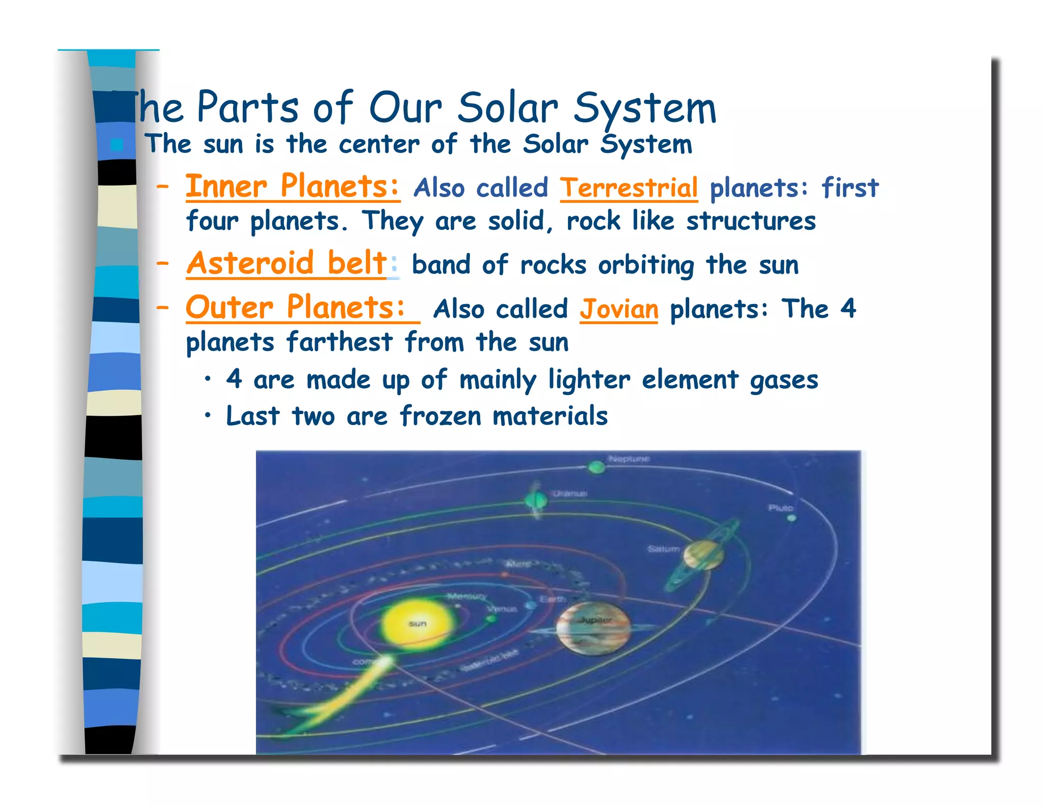 The Parts of Our Solar System
  The sun is the center of the Solar System
–  Inner Planets: Also called Terrestrial planets: first
four planets. They are solid, rock like structures
–  Asteroid belt: band of rocks orbiting the sun
–  Outer Planets: Also called Jovian planets: The 4
planets farthest from the sun
•  4 are made up of mainly lighter element gases
•  Last two are frozen materials
 