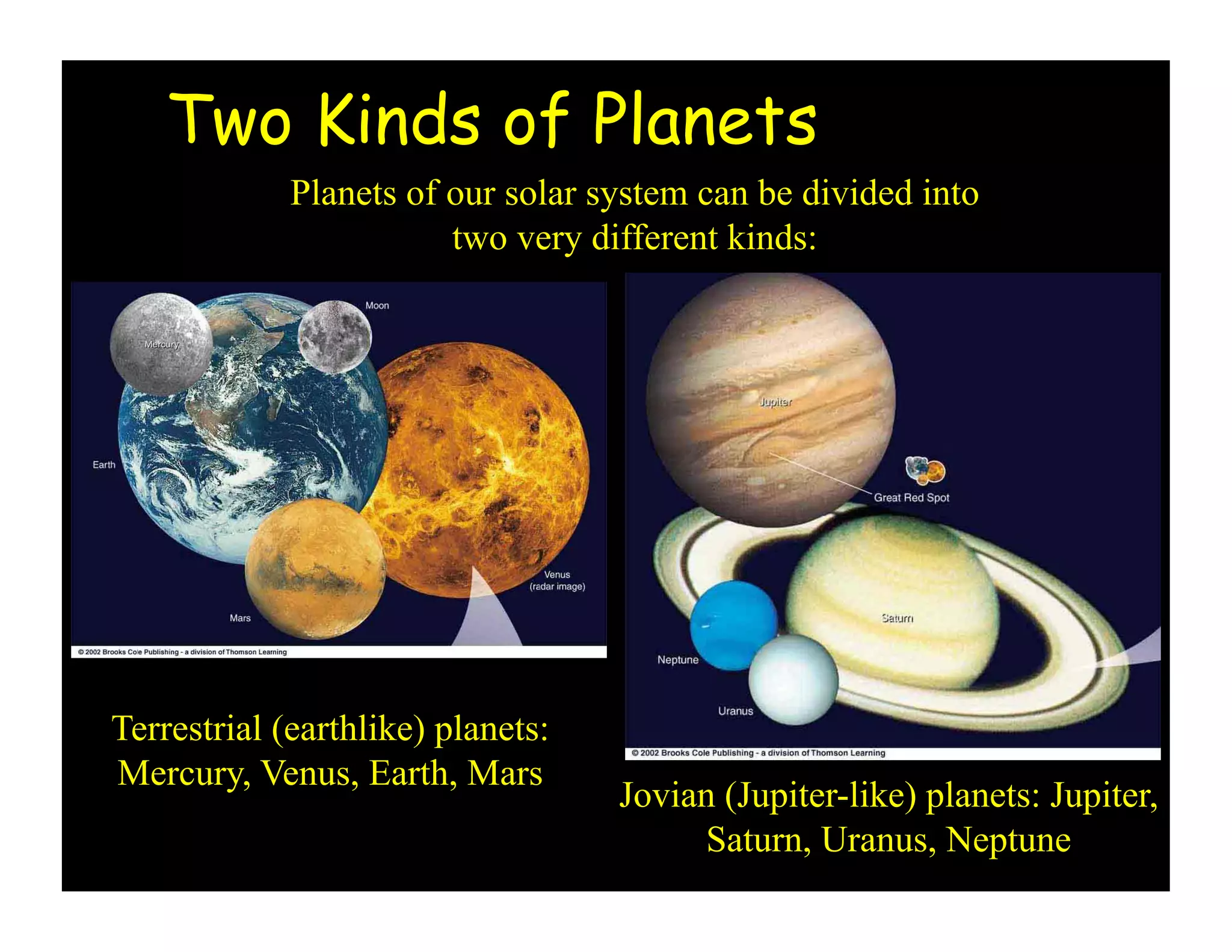 Two Kinds of Planets
Planets of our solar system can be divided into
two very different kinds:
Terrestrial (earthlike) planets:
Mercury, Venus, Earth, Mars
Jovian (Jupiter-like) planets: Jupiter,
Saturn, Uranus, Neptune
 