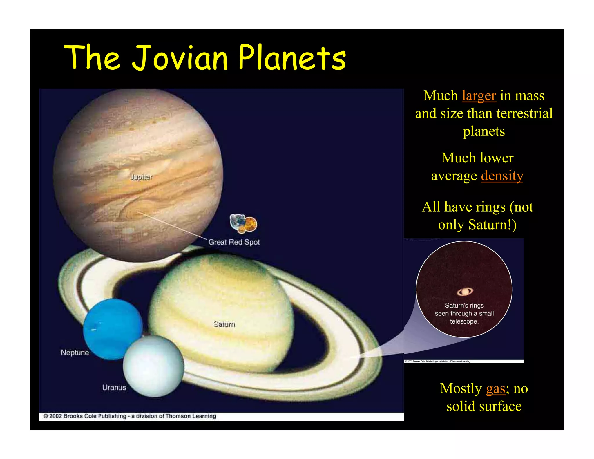 The Jovian Planets
Much larger in mass
and size than terrestrial
planets
Much lower
average density
All have rings (not
only Saturn!)
Mostly gas; no
solid surface
 