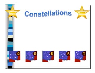 Constellations are groupings of stars that make an
imaginary image in the night sky. They have been
named after mythological characters, people,
animals and objects. In different parts of the world,
people have made up different shapes out of the
same groups of bright stars. It is like a game of
connecting the dots. In the past constellations have
became useful for navigating at night and for
keeping track of the seasons.
 