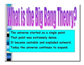 The universe started as a single point.
That point was extremely dense.
It became unstable and exploded outward.
Today the universe continues to expand.
 