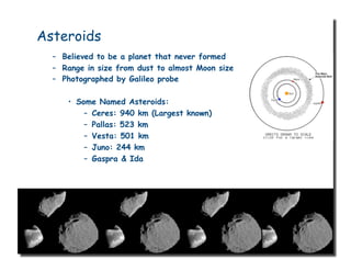 Asteroids
–  Believed to be a planet that never formed
–  Range in size from dust to almost Moon size
–  Photographed by Galileo probe
•  Some Named Asteroids:
–  Ceres: 940 km (Largest known)
–  Pallas: 523 km
–  Vesta: 501 km
–  Juno: 244 km
–  Gaspra & Ida
 