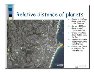 Relative distance of planets
  Jupiter = 133.5mm
(large grapefruit)
727m from Sun
  Saturn = 112.5mm
(large orange)
1332m from Sun
  Uranus = 47.7mm
(Kiwi) 2681m from
the Sun
  Neptune = 46.2mm
(nectarine) 4200m
from the Sun
  Pluto = 2mm (grain
of rice) 5522m
from the Sun
image source: Google
Earth
 