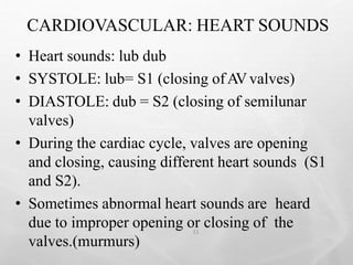 CARDIOVASCULAR: HEART SOUNDS
11
• Heart sounds: lub dub
• SYSTOLE: lub= S1 (closing ofAVvalves)
• DIASTOLE: dub = S2 (closing of semilunar
valves)
• During the cardiac cycle, valves are opening
and closing, causing different heart sounds (S1
and S2).
• Sometimes abnormal heart sounds are heard
due to improper opening or closing of the
valves.(murmurs)
 
