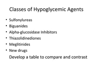 Classes of Hypoglycemic Agents  Sulfonylureas Biguanides Alpha-glucosidase Inhibitors  Thiazolidinediones Meglitinides  New drugs Develop a table to compare and contrast  