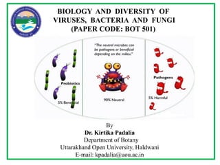 BIOLOGY AND DIVERSITY OF
VIRUSES, BACTERIA AND FUNGI
(PAPER CODE: BOT 501)
By
Dr. Kirtika Padalia
Department of Botany
Uttarakhand Open University, Haldwani
E-mail: kpadalia@uou.ac.in
 