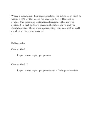 Where a word count has been specified, the submission must be
within ±10% of that value for access to Merit Distinction
grades. The merit and distinction descriptors that may be
achieved in each task are given in the table above and you
should consider these when approaching your research as well
as when writing your answer.
.
Deliverables
Course Work 1
Report – one report per person
Course Work 2
Report – one report per person and a 5min presentation
 