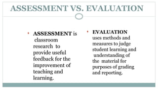 ASSESSMENT VS. EVALUATION
 ASSESSMENT is
classroom
research to
provide useful
feedback for the
improvement of
teaching and
learning.
 EVALUATION
uses methods and
measures to judge
student learning and
understanding of
the material for
purposes of grading
and reporting.
 