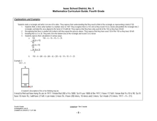 Isaac School District, No. 5
                                                     Mathematics Curriculum Guide: Fourth Grade


Explanations and Examples

    Students make a rectangle and write 6 on one of its sides. They express their understanding that they need to think of the rectangle as representing a total of 150.
        1. Students think, 6 times what number is a number close to 150? They recognize that 6 x 10 is 60 so they record 10 as a factor and partition the rectangle into 2
             rectangles and label the area aligned to the factor of 10 with 60. They express that they have only used 60 of the 150 so they have 90 left.
        2. Recognizing that there is another 60 in what is left they repeat the process above. They express that they have used 120 of the 150 so they have 30 left.
        3. Knowing that 6 x 5 is 30. They write 30 in the bottom area of the rectangle and record 5 as a factor.
        4. Students express their calculations in various ways:
                  a. 150              150 ÷ 6 = 10 + 10 + 5 = 25
                       - 60 (6 x 10)
                        90
                      - 60 (6 x 10)
                        30
                    - 30 (6 x 5)
                          0

                   b.   150 ÷ 6 = (60 ÷ 6) + (60 ÷ 6) + (30 ÷ 6) = 10 + 10 + 5 = 25

Example 2:
    1917 ÷ 9




         A student’s description of his or her thinking may be:
I need to find out how many 9s are in 1917. I know that 200 x 9 is 1800. So if I use 1800 of the 1917, I have 117 left. I know that 9 x 10 is 90. So if I
have 10 more 9s, I will have 27 left. I can make 3 more 9s. I have 200 nines, 10 nines and 3 nines. So I made 213 nines. 1917 ÷ 9 = 213.



Fourth Grade                                                                Underline= Tier 2 words
Investigation Unit 8
Created on 2/4/2012 11:47 AM
                                                                                      -8-
 