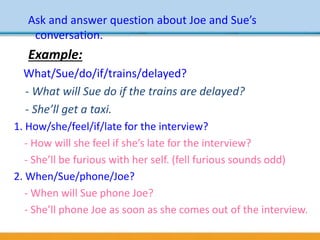 Ask and answer question about Joe and Sue’s
conversation.
Example:
What/Sue/do/if/trains/delayed?
- What will Sue do if the trains are delayed?
- She’ll get a taxi.
1. How/she/feel/if/late for the interview?
- How will she feel if she’s late for the interview?
- She’ll be furious with her self. (fell furious sounds odd)
2. When/Sue/phone/Joe?
- When will Sue phone Joe?
- She’ll phone Joe as soon as she comes out of the interview.
 