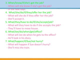 3. When/know/if/she’s got the job?
- When will she know if she’s got the job?
- In the next days.
4. What/she/do/if/they/offer her the job?
- What will she do if they offer her the job?
- She’ll accept it.
5. What/they/have to do/if/she/accept/job?
- What will they have to do if she accepts the job?
- They’ll have to move house.
6. What/Joe/do/when/get/office?
- What will Joe do when he gets to the office?
- He’ll look in his diary.
7. What/happen/if/Sue/not hurry?
- What will happen if Sue doesn’t hurry?
- She’ll miss the train.
 