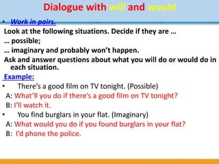 Dialogue with will and would
• Work in pairs.
Look at the following situations. Decide if they are …
… possible;
… imaginary and probably won’t happen.
Ask and answer questions about what you will do or would do in
each situation.
Example:
• There’s a good film on TV tonight. (Possible)
A: What’ll you do if there’s a good film on TV tonight?
B: I’ll watch it.
• You find burglars in your flat. (Imaginary)
A: What would you do if you found burglars in your flat?
B: I’d phone the police.
 