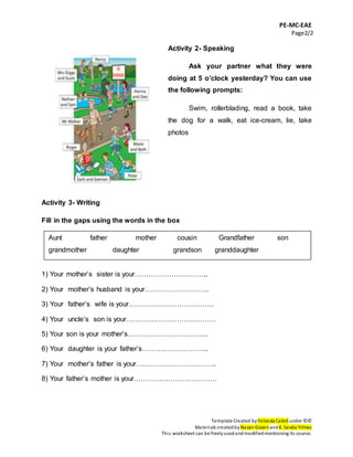 PE-MC-EAE
Page2/2
Template Created by Yolanda Cabré under ©©
Materials createdby Nazan Güven andK. Sevda Yılmaz
This worksheet can be freelyusedandmodifiedmentioning its source.
Activity 2- Speaking
Ask your partner what they were
doing at 5 o’clock yesterday? You can use
the following prompts:
Swim, rollerblading, read a book, take
the dog for a walk, eat ice-cream, lie, take
photos
Activity 3- Writing
Fill in the gaps using the words in the box
1) Your mother’s sister is your…………………………..
2) Your mother’s husband is your……………………….
3) Your father’s wife is your……………………………….
4) Your uncle’s son is your…………………………………
5) Your son is your mother’s……………………………..
6) Your daughter is your father’s………………………..
7) Your mother’s father is your……………………………..
8) Your father’s mother is your………………………………
Aunt father mother cousin Grandfather son
grandmother daughter grandson granddaughter
 