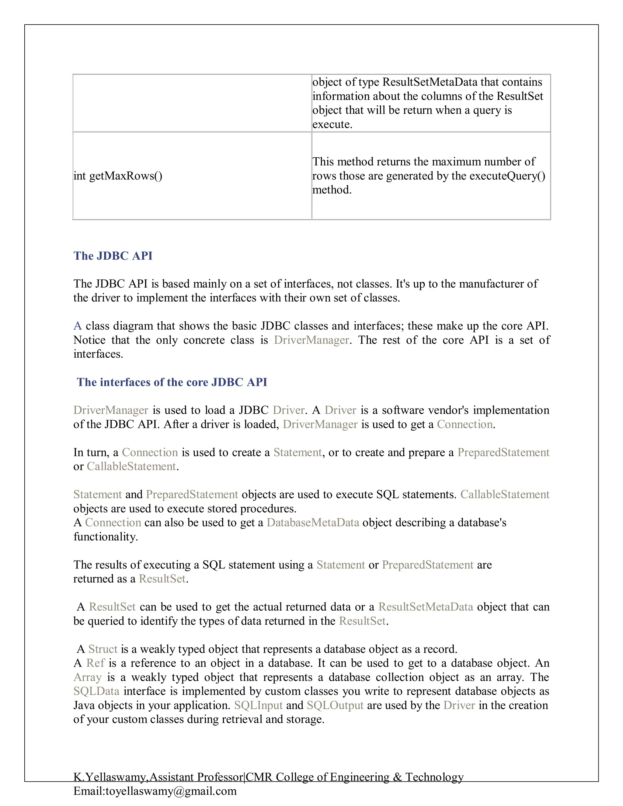 K.Yellaswamy,Assistant Professor|CMR College of Engineering & Technology
Email:toyellaswamy@gmail.com
The JDBC API
The JDBC API is based mainly on a set of interfaces, not classes. It's up to the manufacturer of
the driver to implement the interfaces with their own set of classes.
A class diagram that shows the basic JDBC classes and interfaces; these make up the core API.
Notice that the only concrete class is DriverManager. The rest of the core API is a set of
interfaces.
The interfaces of the core JDBC API
DriverManager is used to load a JDBC Driver. A Driver is a software vendor's implementation
of the JDBC API. After a driver is loaded, DriverManager is used to get a Connection.
In turn, a Connection is used to create a Statement, or to create and prepare a PreparedStatement
or CallableStatement.
Statement and PreparedStatement objects are used to execute SQL statements. CallableStatement
objects are used to execute stored procedures.
A Connection can also be used to get a DatabaseMetaData object describing a database's
functionality.
The results of executing a SQL statement using a Statement or PreparedStatement are
returned as a ResultSet.
A ResultSet can be used to get the actual returned data or a ResultSetMetaData object that can
be queried to identify the types of data returned in the ResultSet.
A Struct is a weakly typed object that represents a database object as a record.
A Ref is a reference to an object in a database. It can be used to get to a database object. An
Array is a weakly typed object that represents a database collection object as an array. The
SQLData interface is implemented by custom classes you write to represent database objects as
Java objects in your application. SQLInput and SQLOutput are used by the Driver in the creation
of your custom classes during retrieval and storage.
object of type ResultSetMetaData that contains
information about the columns of the ResultSet
object that will be return when a query is
execute.
int getMaxRows()
This method returns the maximum number of
rows those are generated by the executeQuery()
method.
 