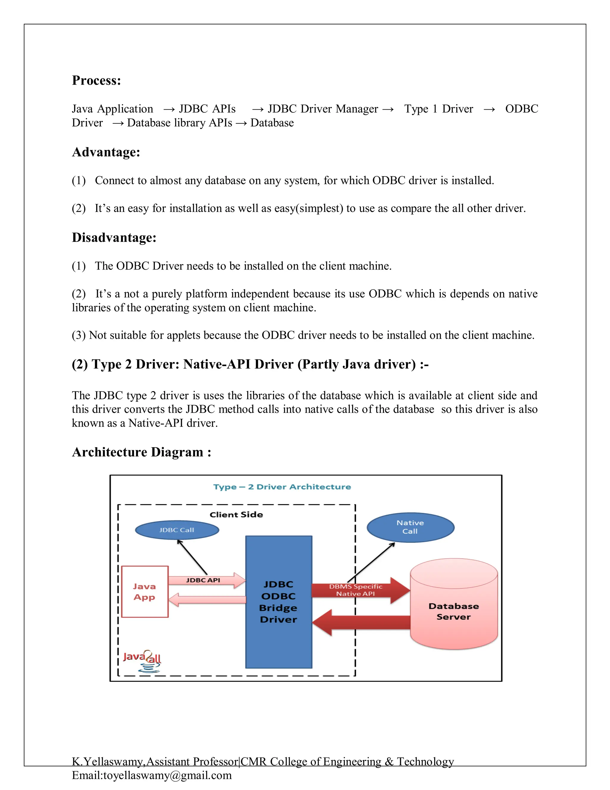 K.Yellaswamy,Assistant Professor|CMR College of Engineering & Technology
Email:toyellaswamy@gmail.com
Process:
Java Application → JDBC APIs → JDBC Driver Manager → Type 1 Driver → ODBC
Driver → Database library APIs → Database
Advantage:
(1) Connect to almost any database on any system, for which ODBC driver is installed.
(2) It’s an easy for installation as well as easy(simplest) to use as compare the all other driver.
Disadvantage:
(1) The ODBC Driver needs to be installed on the client machine.
(2) It’s a not a purely platform independent because its use ODBC which is depends on native
libraries of the operating system on client machine.
(3) Not suitable for applets because the ODBC driver needs to be installed on the client machine.
(2) Type 2 Driver: Native-API Driver (Partly Java driver) :-
The JDBC type 2 driver is uses the libraries of the database which is available at client side and
this driver converts the JDBC method calls into native calls of the database so this driver is also
known as a Native-API driver.
Architecture Diagram :
 
