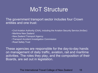 The International Travel College of New Zealand 18
MoT Structure
The government transport sector includes four Crown
entities and one trust:
–Civil Aviation Authority (CAA), including the Aviation Security Service (AvSec)
–Maritime New Zealand
–New Zealand Transport Agency
–Transport Accident Investigation Commission
–Road Safety Trust
These agencies are responsible for the day-to-day hands
on management of daily traffic, aviation, rail and maritime
activities. The roles they play, and the composition of their
Boards, are set out in legislation.
 