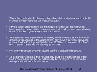 The International Travel College of New Zealand 51
• The Act protects whistle blowing in both the public and private sectors, but it
imposes greater demands on the public sector.
• Private sector organisations are not required to have an internal whistle
blowing policy; however it is recommended that employers consider devising
one to suit their organisation size and structure.
• An employee, who experiences retaliatory action because of the disclosure
of serious wrongdoing in the organisation, may have a personal grievance
pursuant to the Employment Relations Act 2000 or, a complaint of unlawful
discrimination under the Human Rights Act 1993
• Not every disclosure by an employee can be a protected disclosure.
• To gain the protection of this Act, not only must the information be of the
kind prescribed by the Act but additionally the employee must follow the
Act’s procedural steps for disclosure.
 