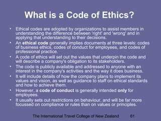 The International Travel College of New Zealand 61
What is a Code of Ethics?
• Ethical codes are adopted by organizations to assist members in
understanding the difference between 'right' and 'wrong' and in
applying that understanding to their decisions.
• An ethical code generally implies documents at three levels: codes
of business ethics, codes of conduct for employees, and codes of
professional practice.
• A code of ethics will set out the values that underpin the code and
will describe a company's obligation to its stakeholders.
• The code is publicly available and addressed to anyone with an
interest in the company's activities and the way it does business.
• It will include details of how the company plans to implement its
values and vision, as well as guidance to staff on ethical standards
and how to achieve them.
• However, a code of conduct is generally intended only for
employees.
• It usually sets out restrictions on behaviour, and will be far more
focussed on compliance or rules than on values or principles.
 