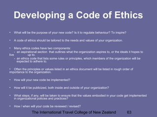 The International Travel College of New Zealand 63
Developing a Code of Ethics
• What will be the purpose of your new code? Is it to regulate behaviour? To inspire?
• A code of ethics should be tailored to the needs and values of your organization.
• Many ethics codes have two components:
- an aspirational section that outlines what the organization aspires to, or the ideals it hopes to
live up to.
- an ethics code that lists some rules or principles, which members of the organization will be
expected to adhere to.
• Often the principles or values listed in an ethics document will be listed in rough order of
importance to the organization.
• How will your new code be implemented?
• How will it be publicized, both inside and outside of your organization?
• What steps, if any, will be taken to ensure that the values embodied in your code get implemented
in organizational policies and practices?
• How / when will your code be reviewed / revised?
 