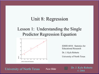 Unit 8: Regression Lesson 1:  Understanding the Single Predictor Regression Equation EDER 6010:  Statistics for Educational Research Dr. J. Kyle Roberts University of North Texas Next Slide 