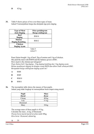Modul Bestari Matematik UPSR
JPNS 2011
D 42 kg
35. Table 9 shows prices of two over three types of meat.
Jadual 9 menunjukkan harga dua daripada tiga jenis daging.
Type of Meat
Jenis Daging
Price perkilogram
Harga sekilogram
Beef
Daging
RM14
Mutton
Daging Kambing
RM12
Chicken
Daging Ayam
Puan Zaiton bought 1 kg of beef, 2kg of mutton and 1 kg of chicken.
She paid the meat with RM50 and the balance given is RM1.
How much is the chicken per kilogram?
Puan Zaiton beli 1 kg daging , 2 kg daging kambing dan 1 kg daging ayam.
Beliau membayari daging itu dengan wang RM50 dan diberi baki sebanyak RM1.
Berapakah harga sekilogram daging ayam itu?
A RM8
B RM9
C RM10
D RM11
36. The incomplete table shows the masses of four pupils.
Jadual yang tidak lengkap ini menunjukkan berat empat orang murid.
Pupil
Murid
Mass
Berat
Chong 40 kg
Lily 51 kg
Desmond
Mary 38 kg
The average mass of those pupils is 45 kg .
Calculate the mass , in kg, of Desmond.
Purata berat murid-murid tersebut ialah 45kg.
Kira berat Desmond, dalam kg.
A 39
Unit 8 Mass Page 218
Table 9
Jadual 9
 