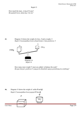 Q
P
Modul Bestari Matematik UPSR
JPNS 2011
Rajah 13
How much the mass , in kg of 4 cans?
Berapakah berat, dalam kg, 4 tin itu?
45. Diagram 14 shows the weight of a box, X and a weight, Y.
Rajah 14 menunjukkan berat sebuah kotak, X dan pemberat, Y
How many more weight Y must you added to balance the scale?
Berapa banyak pemberat Y yang perlu ditambah supaya penimbang itu seimbang?
46. Diagram 15 shows the weight of solids P and Q.
Rajah 15 menunjukkan berat pepejal P dan Q.
Unit 8 Mass Page 239
700 g
2.45 kg
1500g
Y
250 g
Diagram 14
Rajah 14
X
 