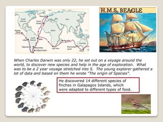When Charles Darwin was only 22, he set out on a voyage around the
world, to discover new species and help in the age of exploration. What
was to be a 2 year voyage stretched into 5. The young explorer gathered a
lot of data and based on them he wrote “The origin of Species”.
He discovered 14 different species of
finches in Galapagos Islands, which
were adapted to different types of food.
 