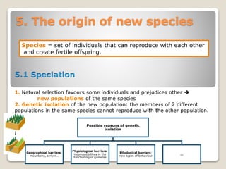 5. The origin of new species
Species = set of individuals that can reproduce with each other
and create fertile offspring.
1. Natural selection favours some individuals and prejudices other 
new populations of the same species
2. Genetic isolation of the new population: the members of 2 different
populations in the same species cannot reproduce with the other population.
Possible reasons of genetic
isolation
Geographical barriers:
mountains, a river…
Physiological barriers:
incompatibilities in the
functioning of gametes
Ethological barriers:
new types of behaviour
…
 