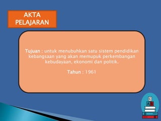 AKTA
PELAJARAN
Tujuan : untuk menubuhkan satu sistem pendidikan
kebangsaan yang akan memupuk perkembangan
kebudayaan, ekonomi dan politik.
Tahun : 1961
 