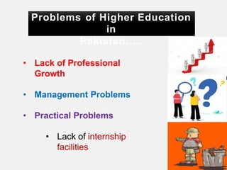 • Lack of Professional
Growth
• Management Problems
• Practical Problems
• Lack of internship
facilities
Problems of Higher Education
in
Pakistan…..
 
