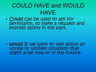 COULD HAVE and WOULD HAVECould can be used to ask for permission, to make a request and express ability in the past.would If we want to talk about an unreal or unlikely situation that might arise now or in the future.