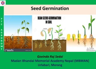 P
T
C
A
G
R
O
N
O
M
Y
P
T
C
A
G
R
O
N
O
M
Y
Seed Germination
Govinda Raj Sedai
Madan Bhandai Memorial Academy Nepal (MBMAN)
Urlabari, Morang
 