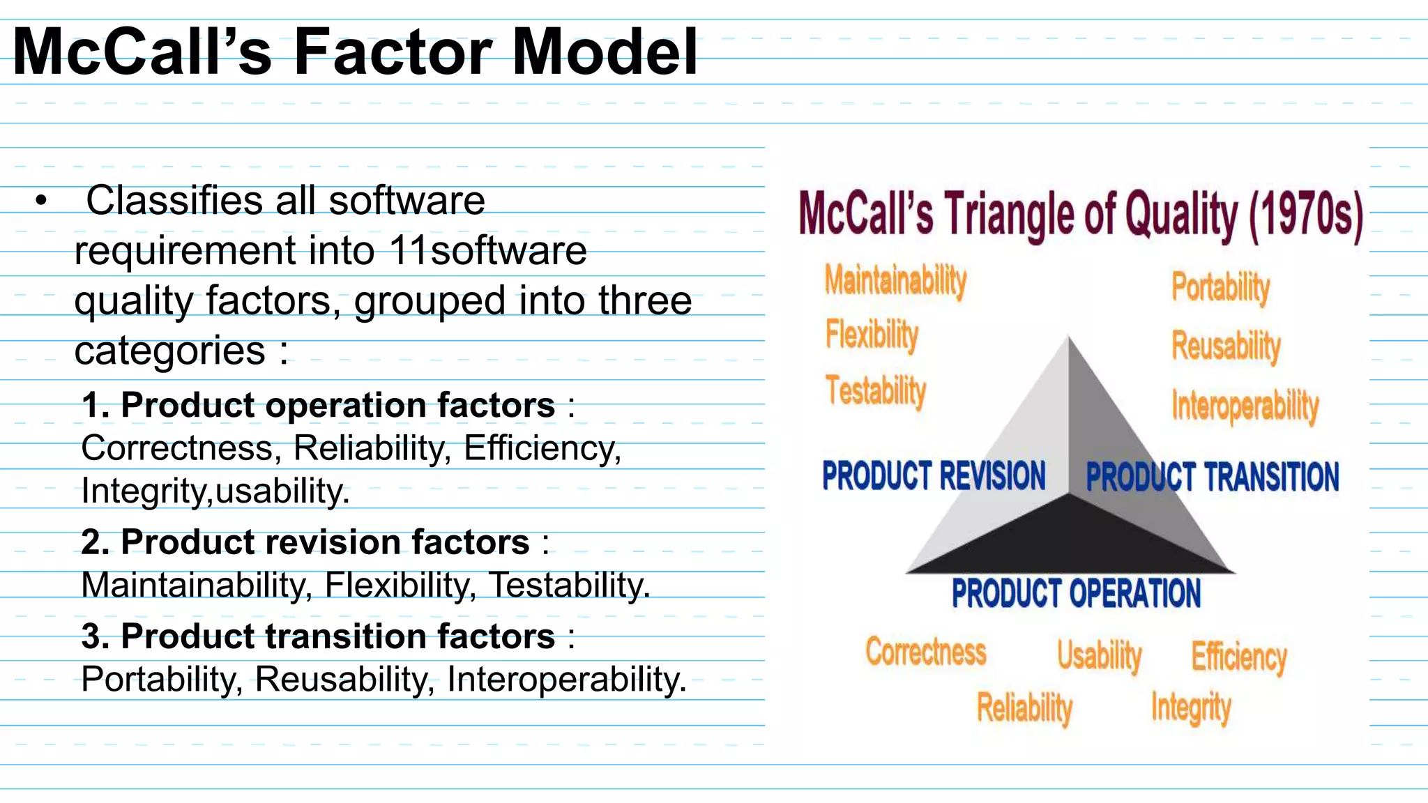 McCall’s Factor Model
• Classifies all software
requirement into 11software
quality factors, grouped into three
categories :
1. Product operation factors :
Correctness, Reliability, Efficiency,
Integrity,usability.
2. Product revision factors :
Maintainability, Flexibility, Testability.
3. Product transition factors :
Portability, Reusability, Interoperability.
 