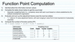 26
Function Point Computation
1) Identify/collect the information domain values
2) Complete the table shown below to get the count total
• Associate a weighting factor (i.e., complexity value) with each count based on criteria established by the
software development organization
3) Evaluate and sum up the adjustment factors (see the next two slides)
• “Fi” refers to 14 value adjustment factors, with each ranging in value from 0 (not important) to 5 (absolutely
essential)
4) Compute the number of function points (FP)
FP = count total * [0.65 + 0.01 * sum(Fi)]
Information Weighting Factor
Domain Value Count Simple Average Complex
External Inputs _____ x 3 4 6 = _____
External Outputs _____ x 4 5 7 = _____
External Inquiries _____ x 3 4 6 = _____
Internal Logical Files _____ x 7 10 15 = _____
External Interface Files _____ x 5 7 10 = _____
Count total ________
 
